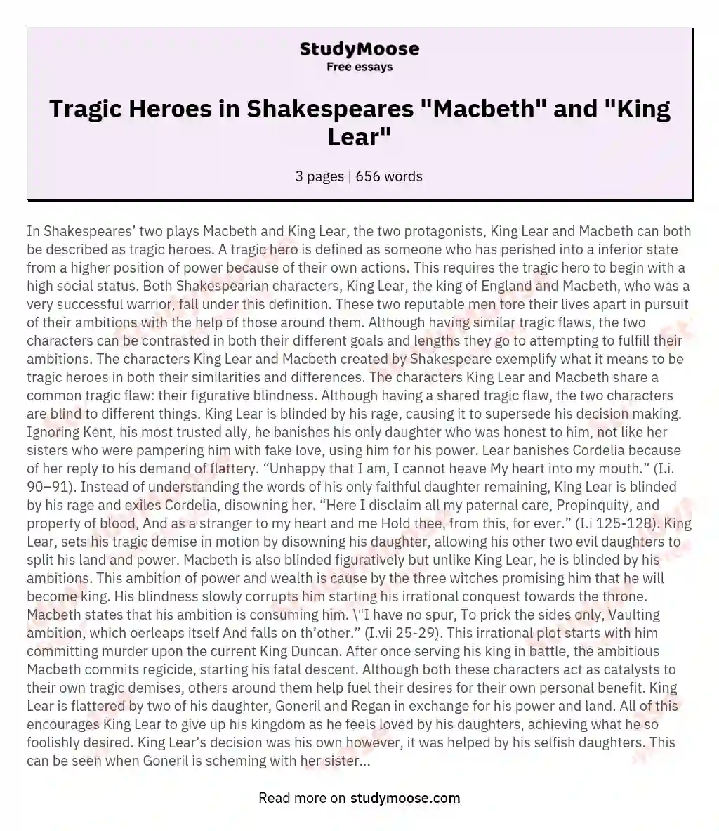 Tragic Heroes in Shakespeares "Macbeth" and "King Lear" essay