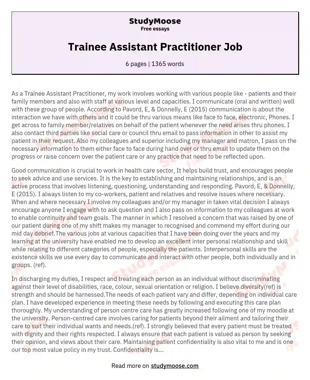 Trainee Assistant Practitioner Job essay