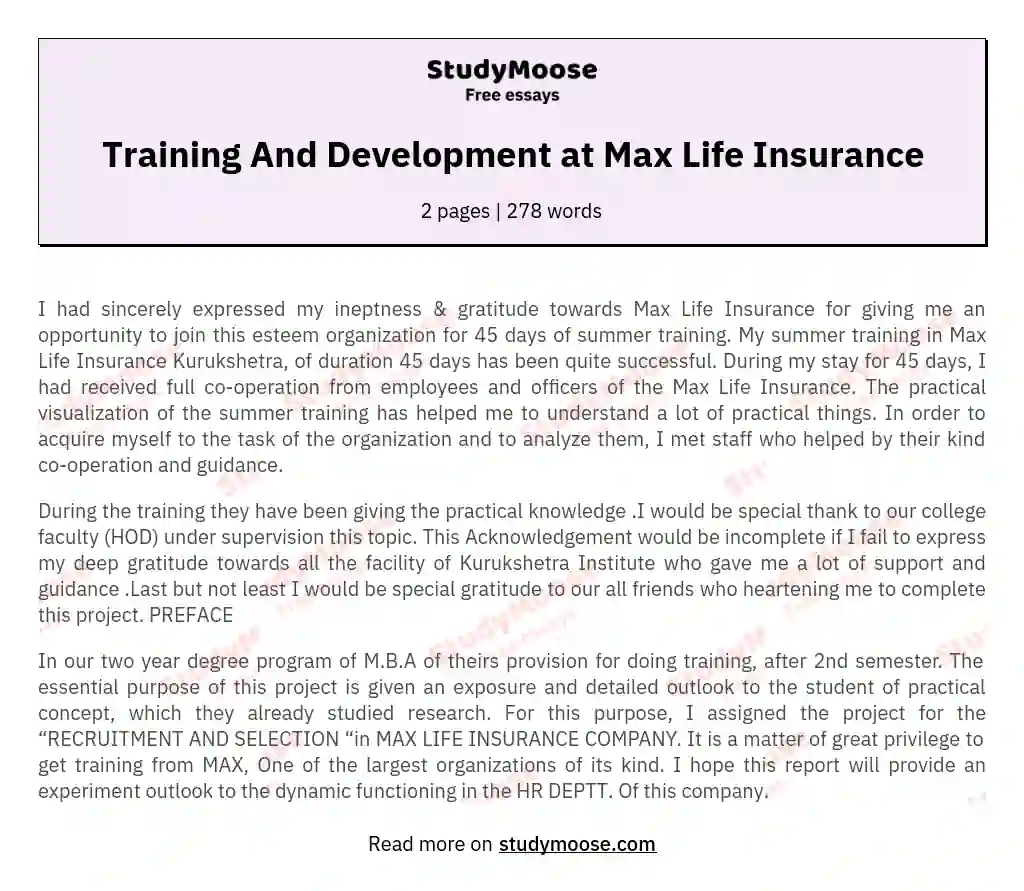 Training And Development at Max Life Insurance essay