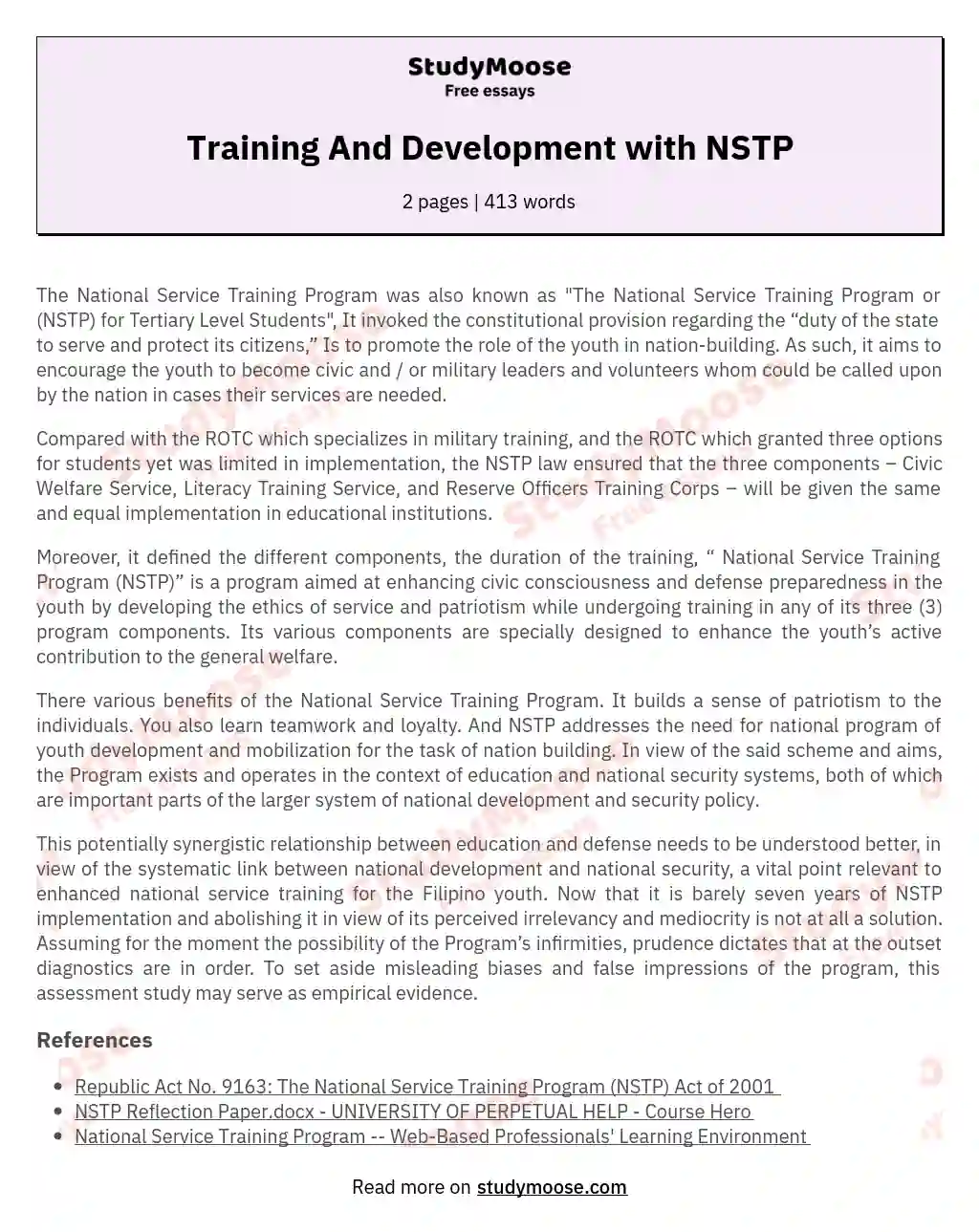 Training And Development with NSTP essay