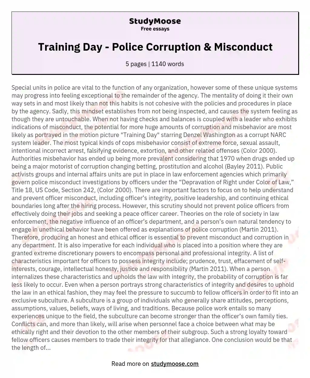 Training Day - Police Corruption &amp; Misconduct essay