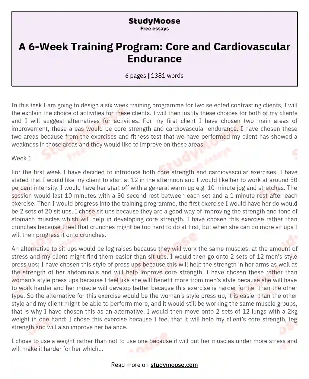 A 6-Week Training Program: Core and Cardiovascular Endurance essay
