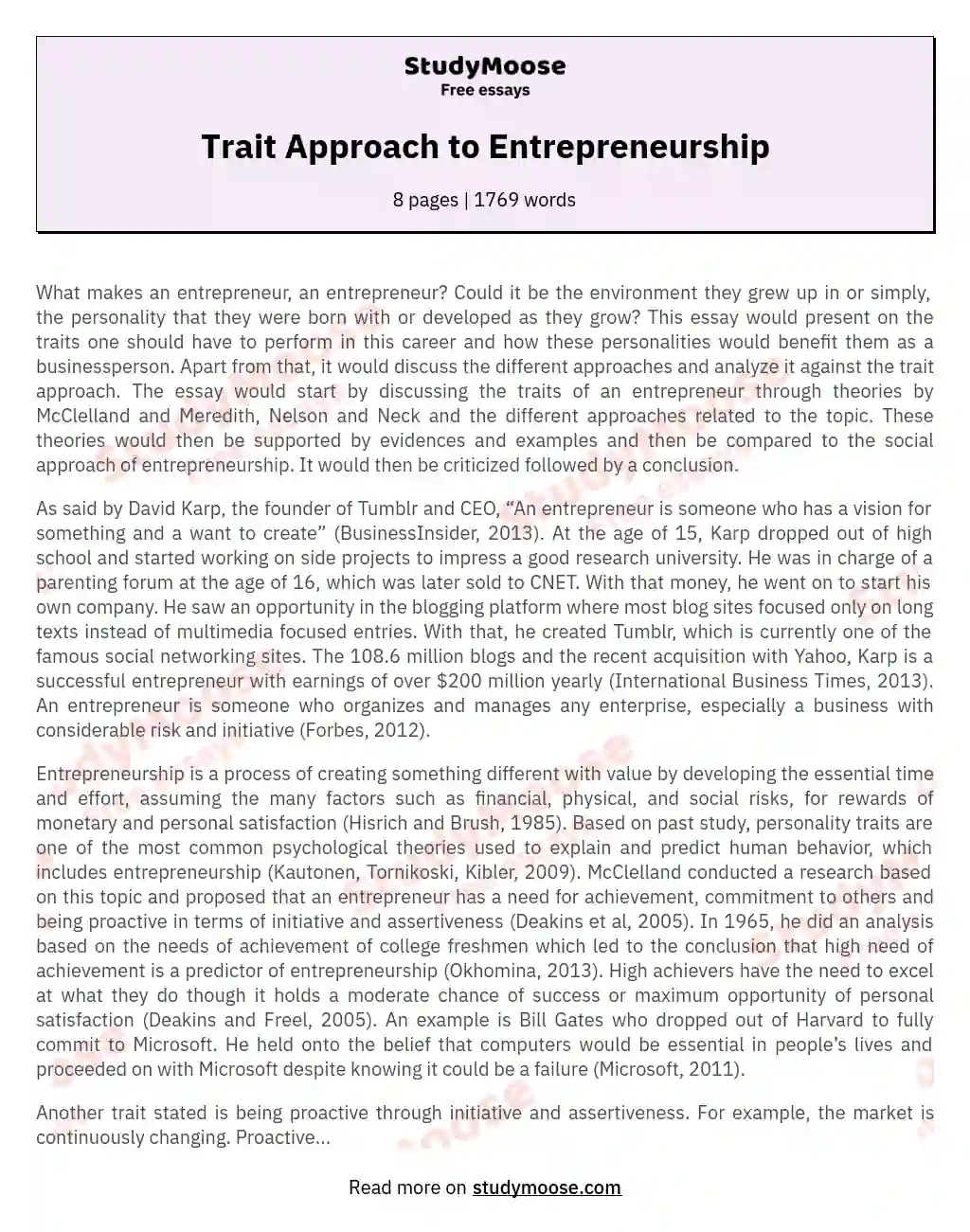 Trait Approach to Entrepreneurship