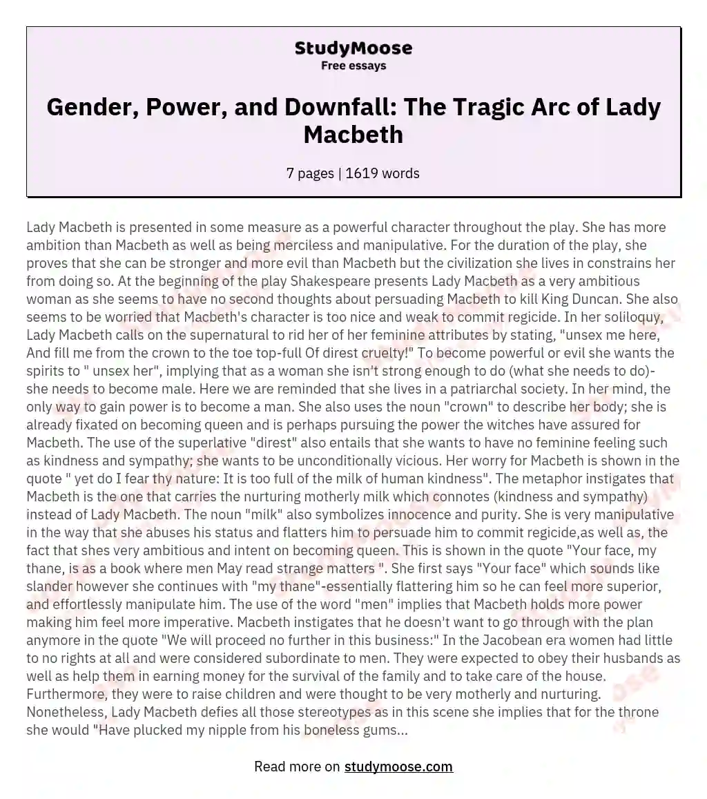 Gender, Power, and Downfall: The Tragic Arc of Lady Macbeth essay