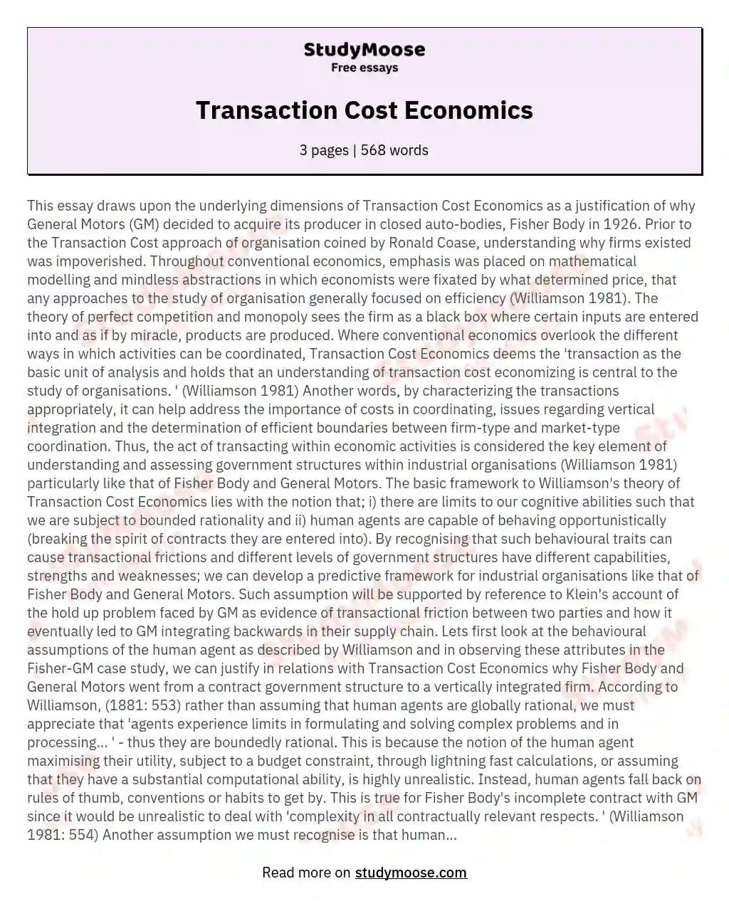Transaction Cost Economics essay