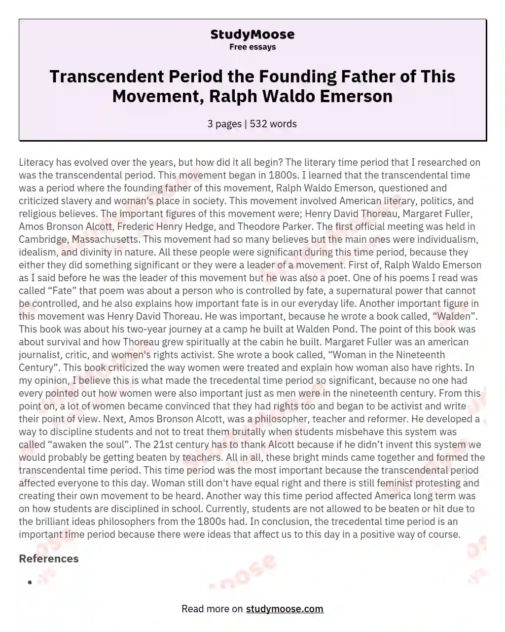 Transcendent Period the Founding Father of This Movement, Ralph Waldo Emerson essay