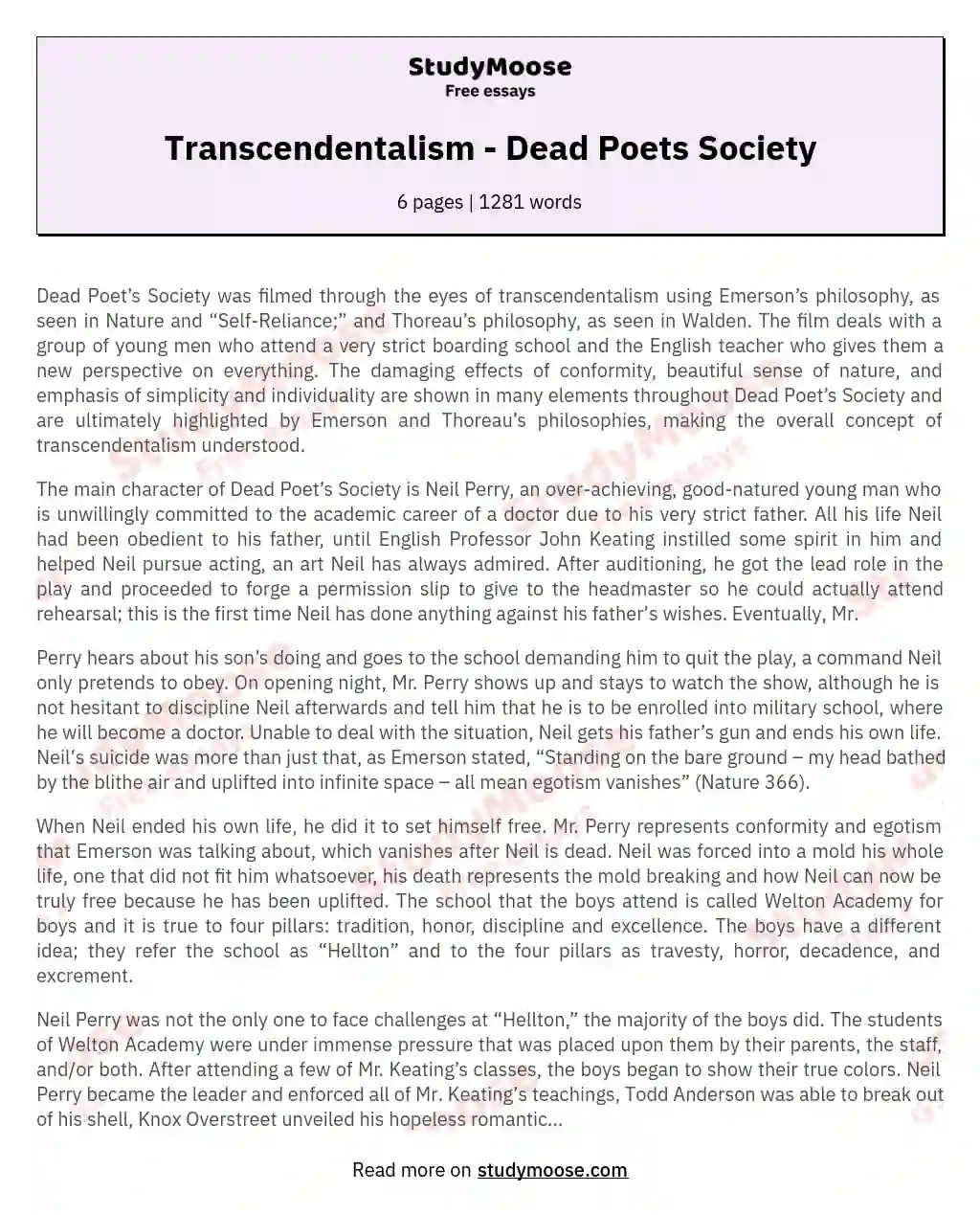 Transcendentalism - Dead Poets Society essay
