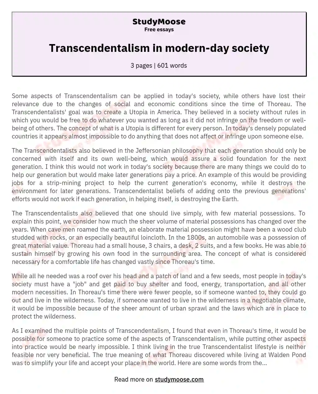 Transcendentalism in modern-day society