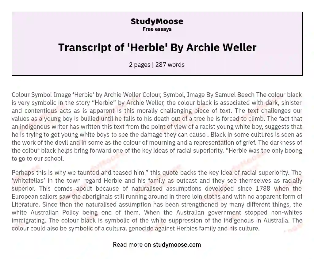 Transcript of 'Herbie' By Archie Weller essay