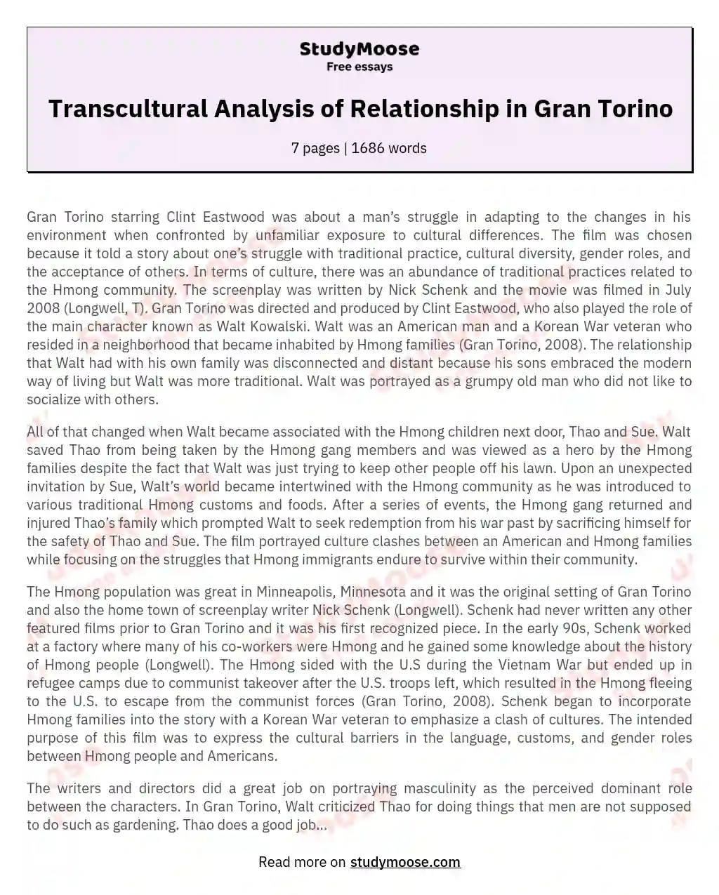 Transcultural Analysis of Relationship in Gran Torino essay