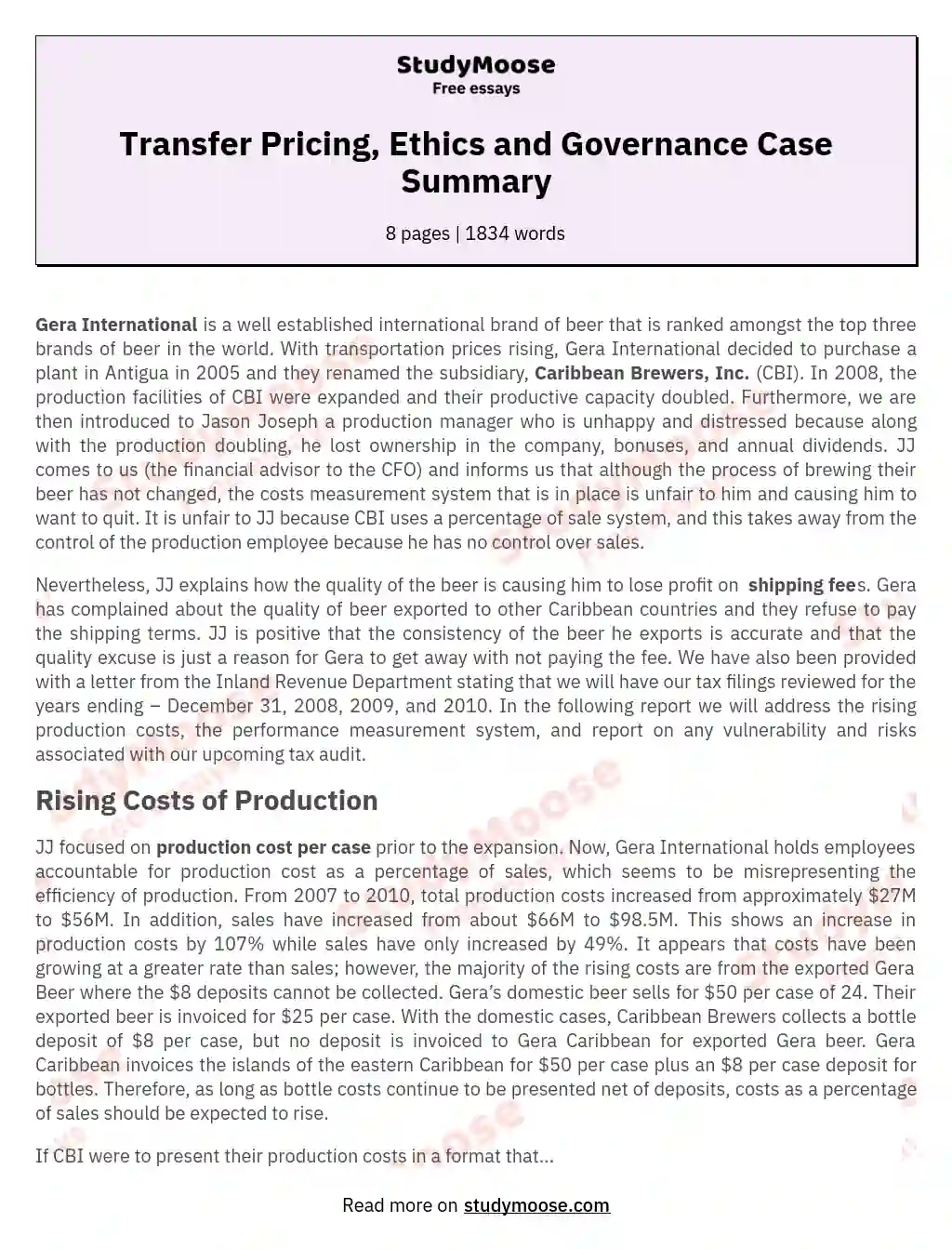 Transfer Pricing, Ethics and Governance Case Summary essay