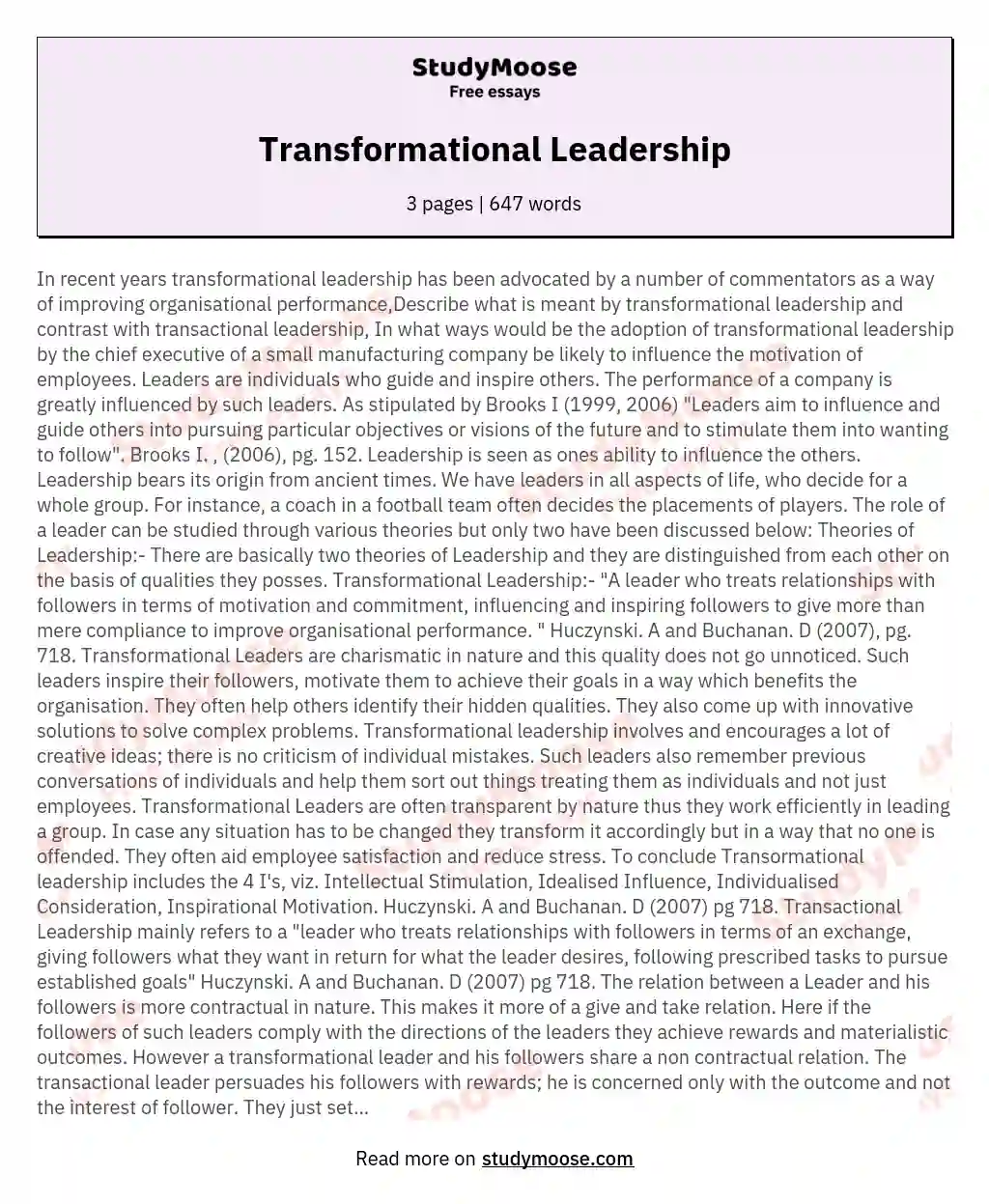 what is a transformational leadership essay
