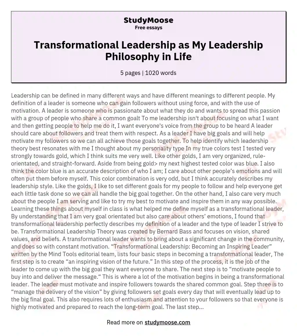 Transformational Leadership as My Leadership Philosophy in Life essay