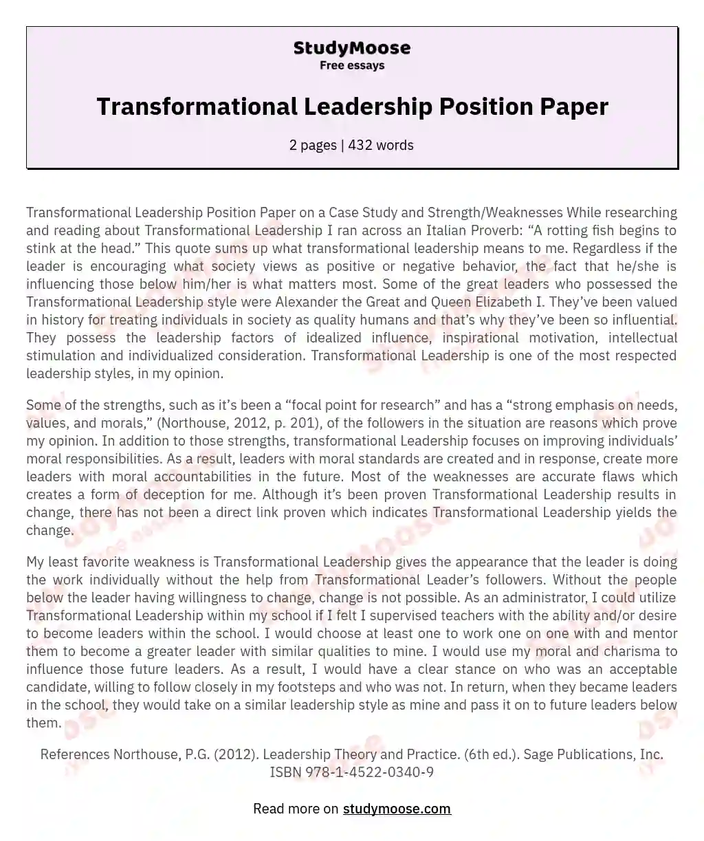 Transformational Leadership Position Paper