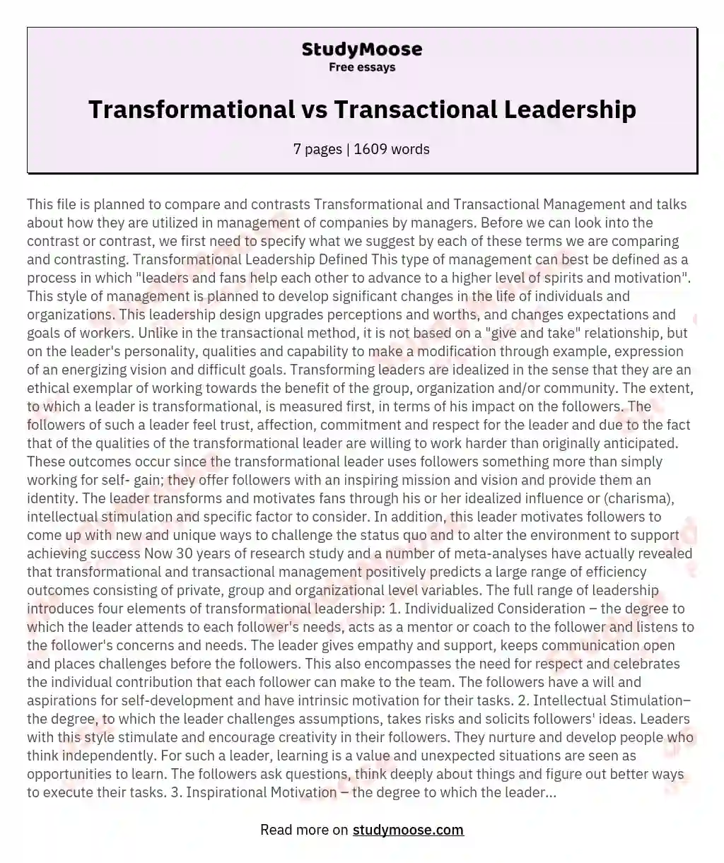 essay on transactional and transformational leadership