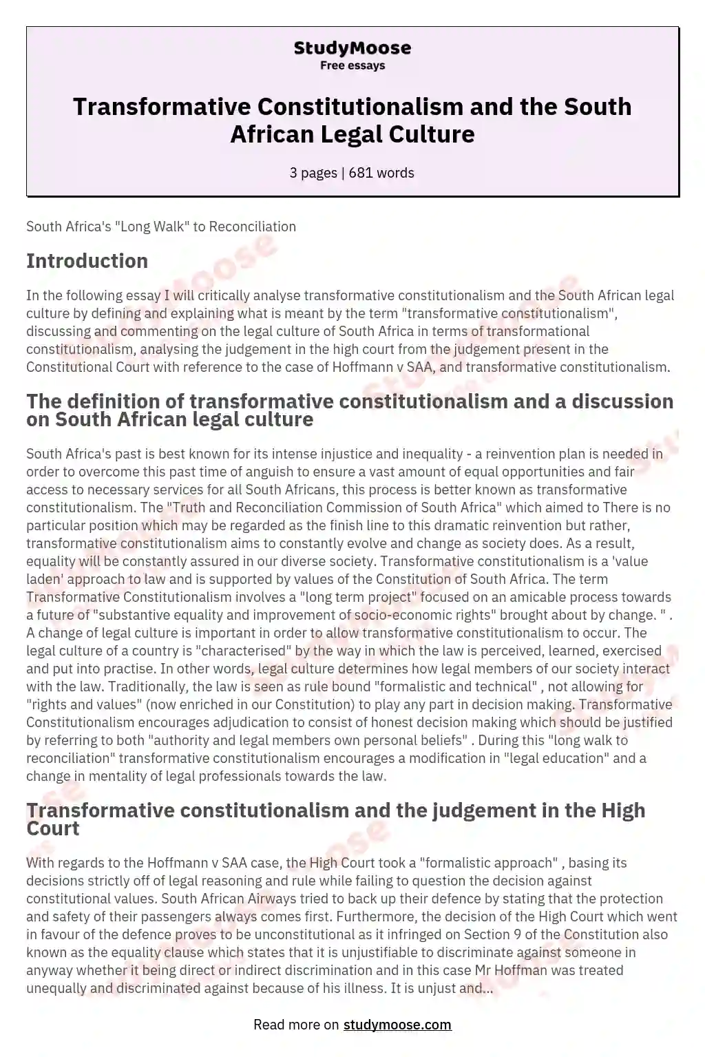 Transformative Constitutionalism and the South African Legal Culture
