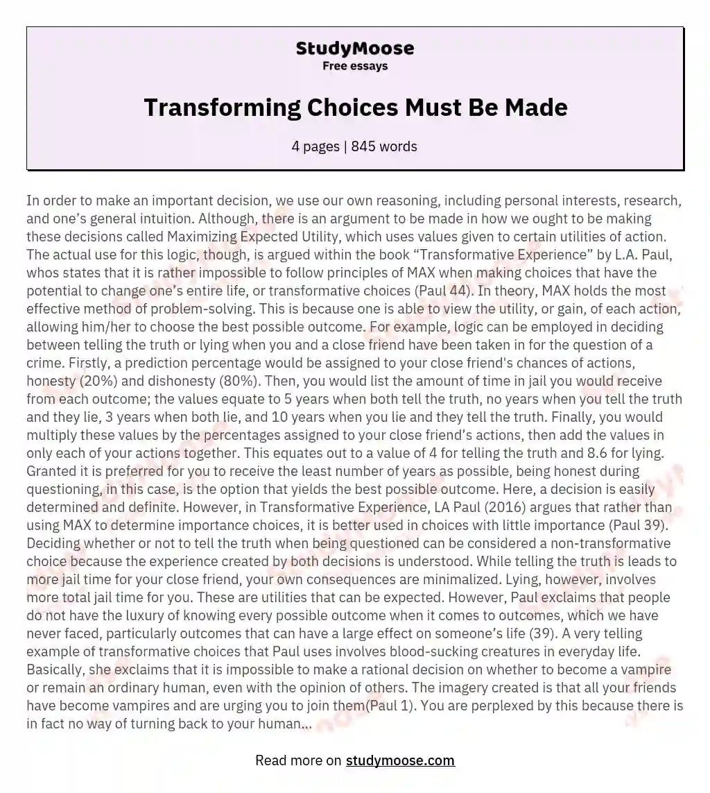Transforming Choices Must Be Made essay