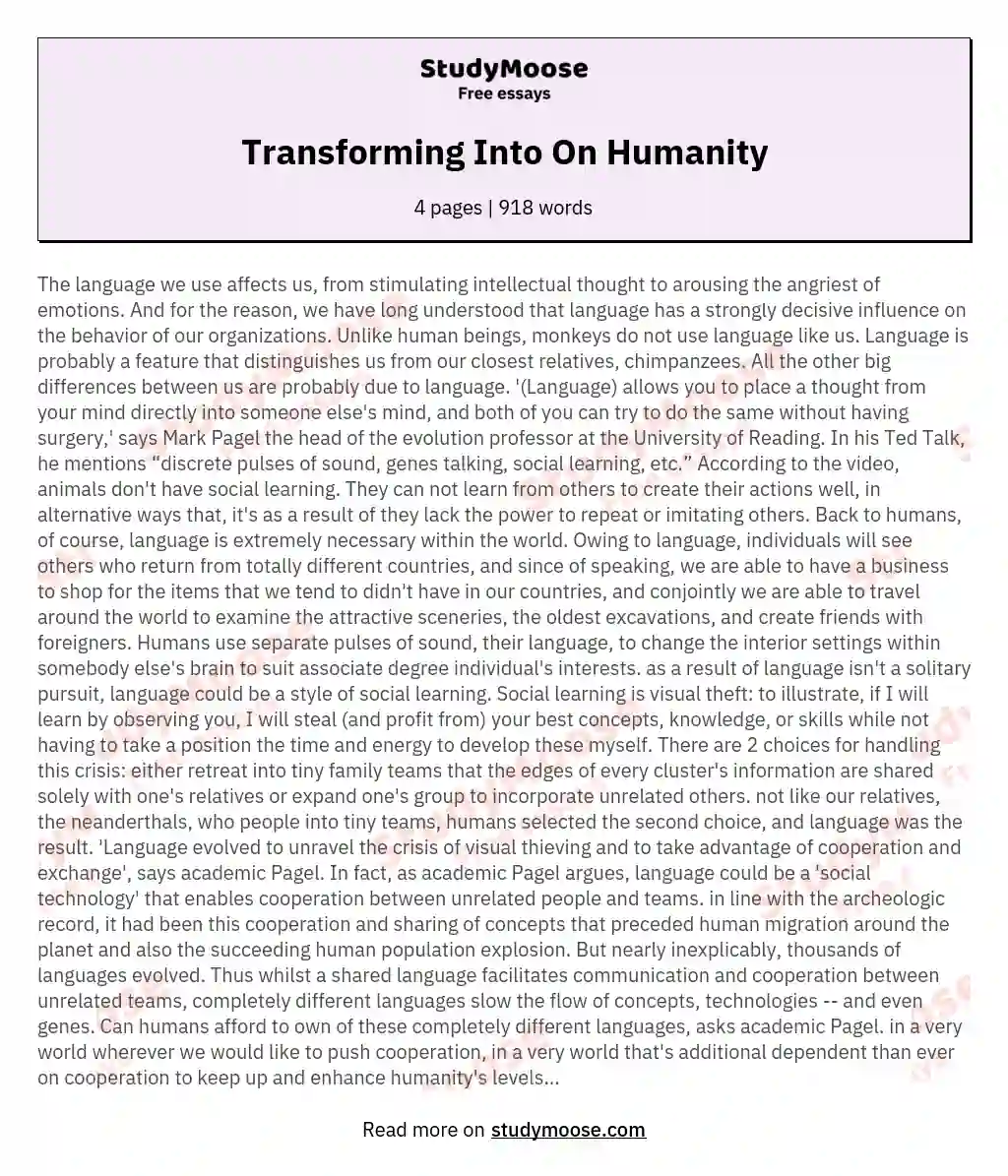 Transforming Into On Humanity essay