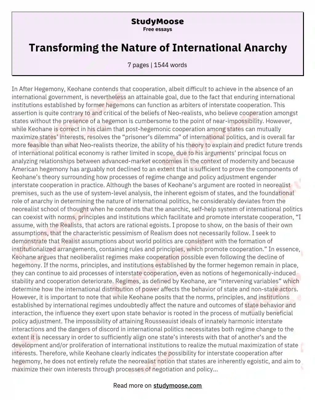 Transforming the Nature of International Anarchy essay