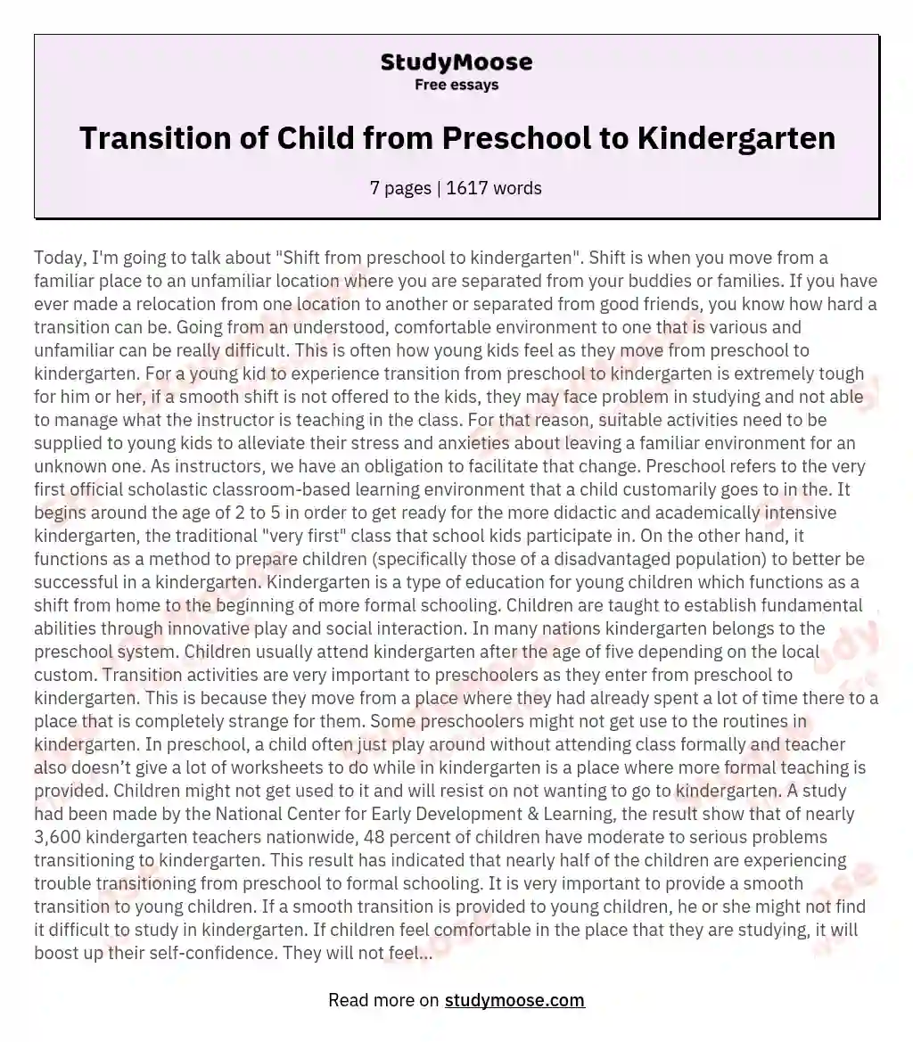 Transition of Child from Preschool to Kindergarten essay