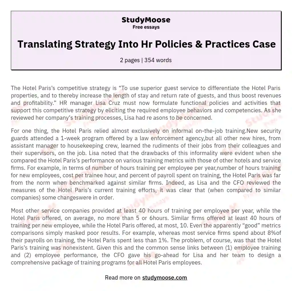 Translating Strategy Into Hr Policies & Practices Case