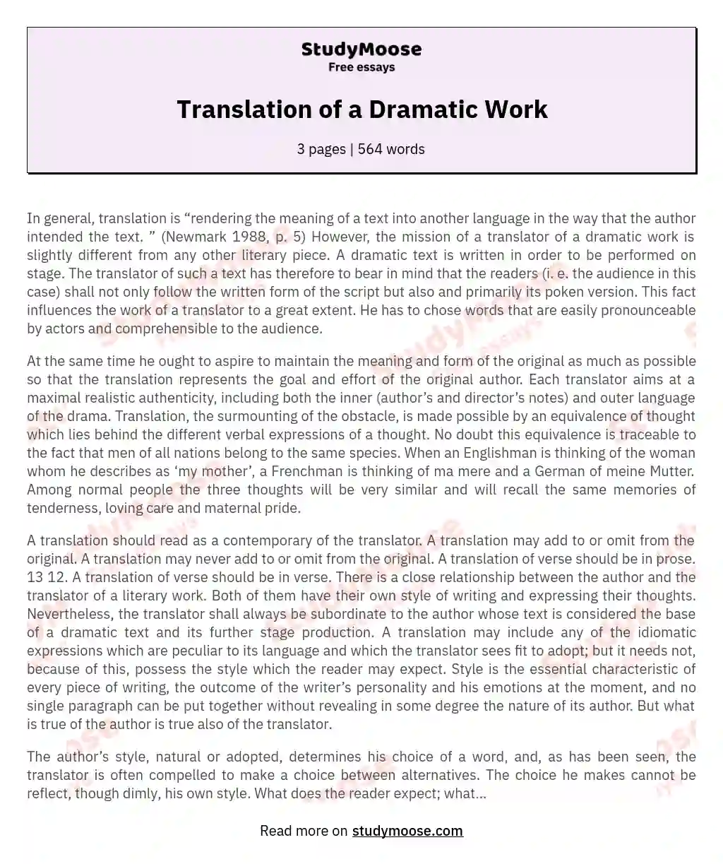 Translation of a Dramatic Work essay