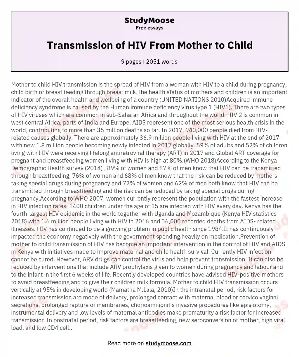 Transmission of HIV From Mother to Child essay