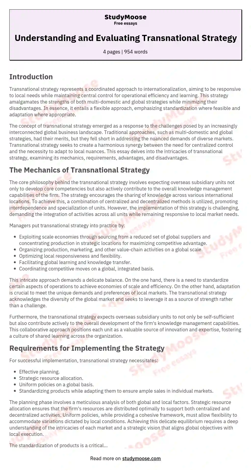 Understanding and Evaluating Transnational Strategy essay