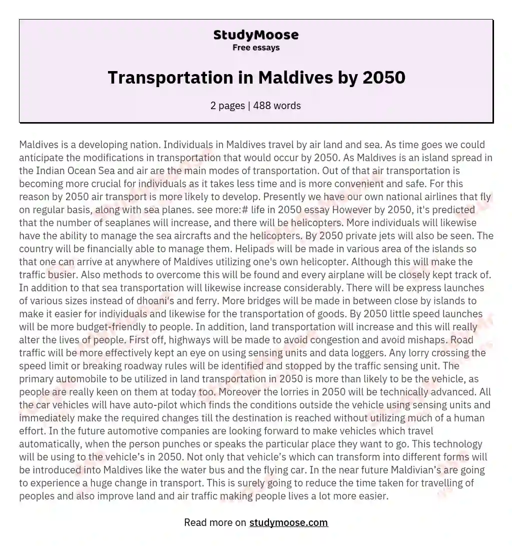 Transportation in Maldives by 2050 essay