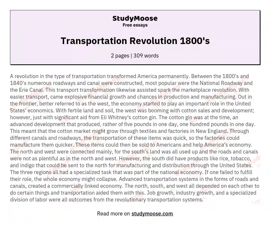 Transportation Revolution 1800's essay