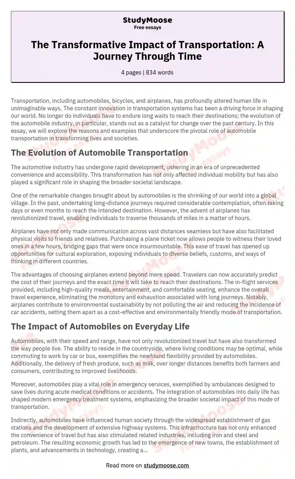 The Transformative Impact of Transportation: A Journey Through Time essay