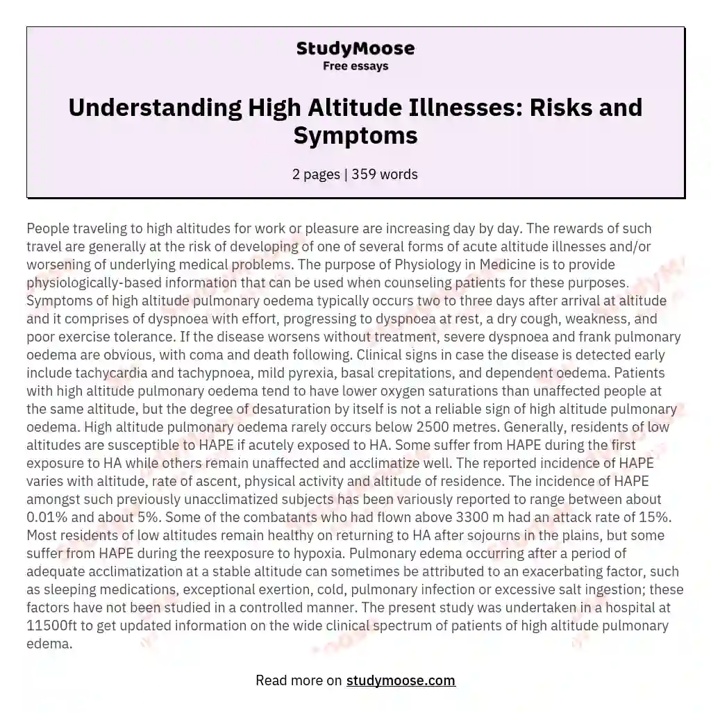 Understanding High Altitude Illnesses: Risks and Symptoms essay
