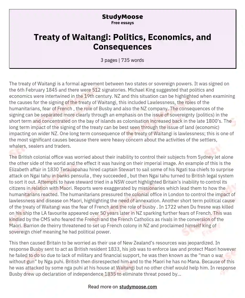 Treaty of Waitangi: Politics, Economics, and Consequences essay