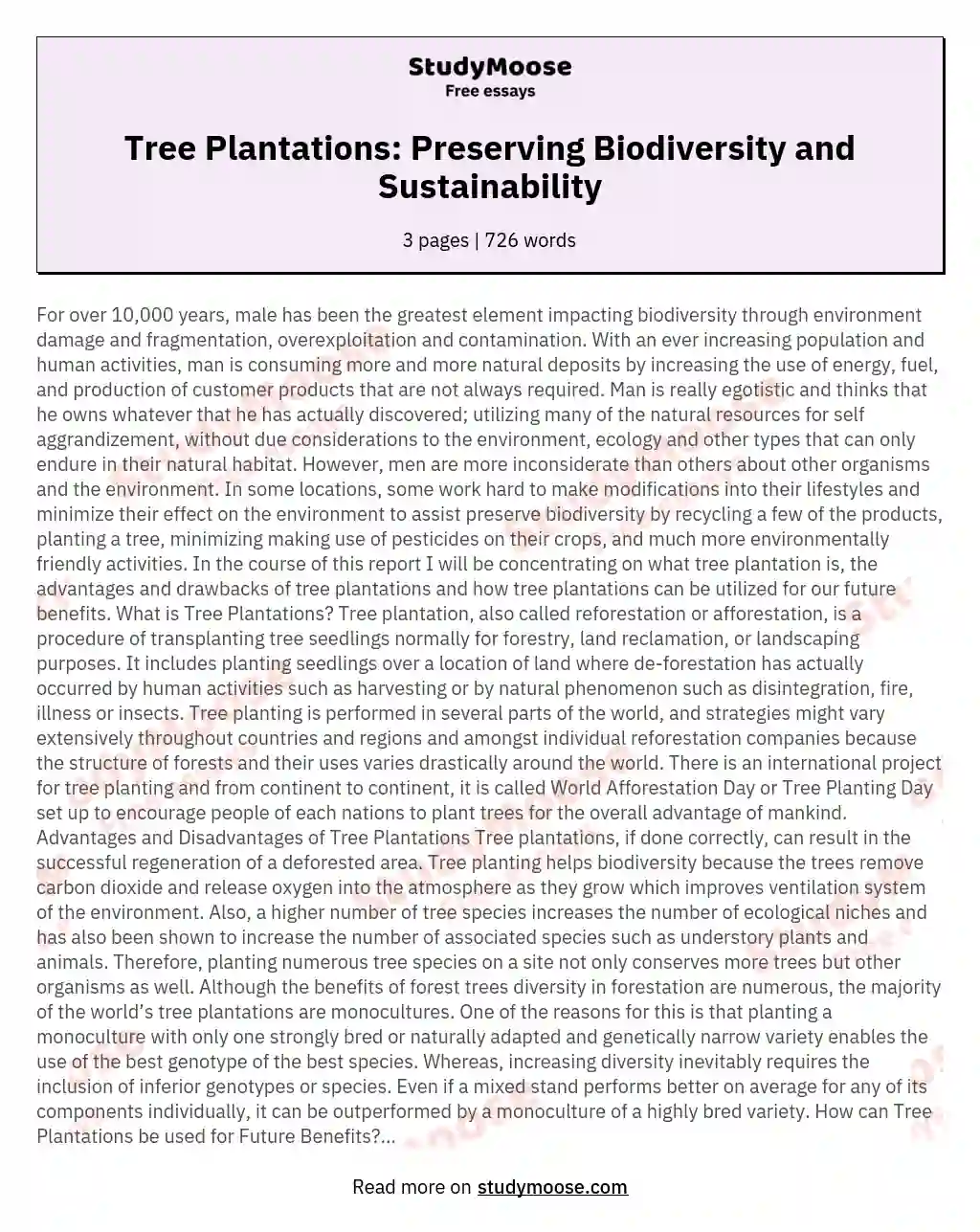 Tree Plantations: Preserving Biodiversity and Sustainability essay