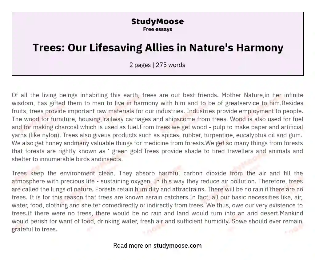 Trees: Our Lifesaving Allies in Nature's Harmony essay