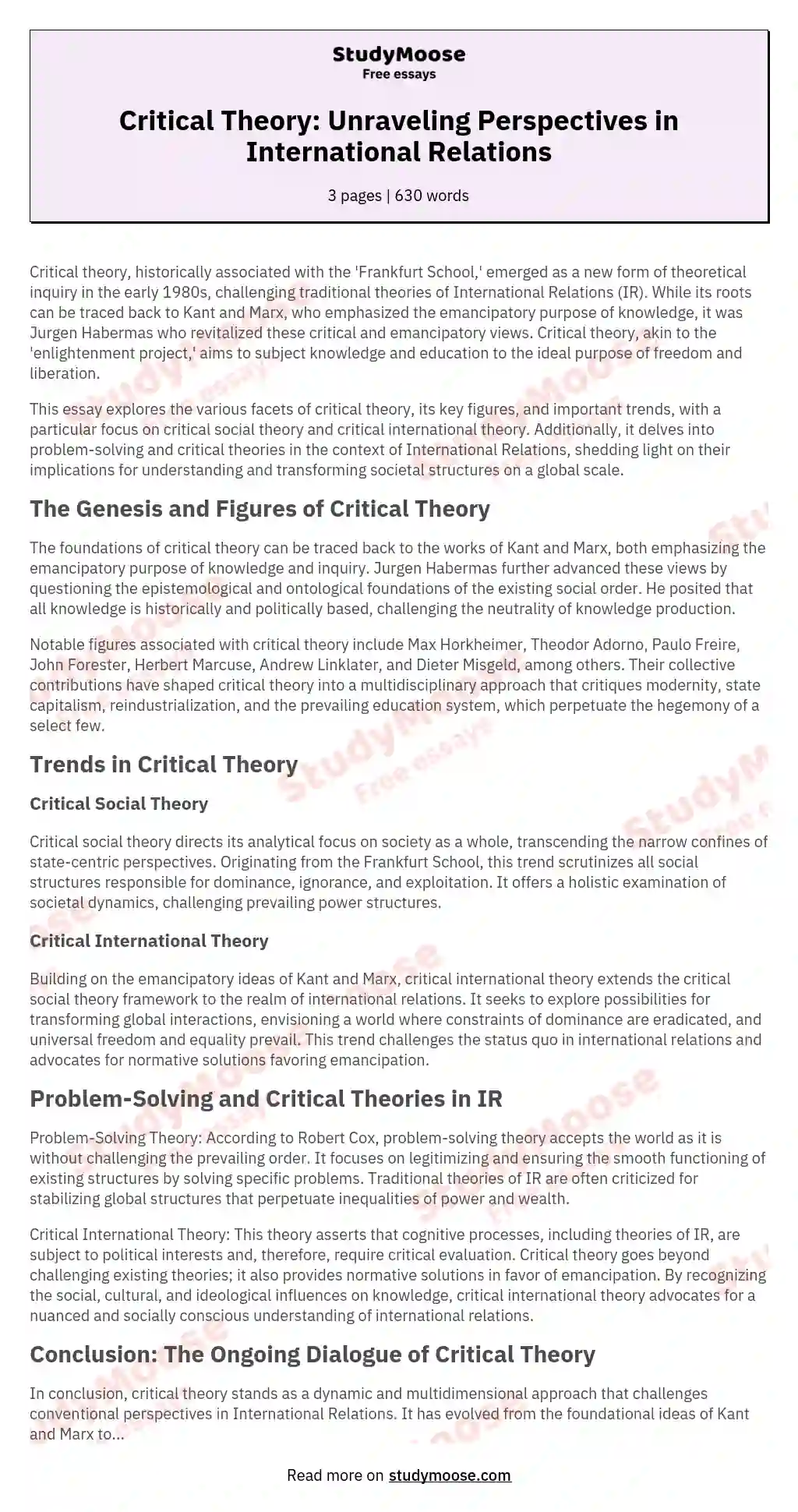 Critical Theory: Unraveling Perspectives in International Relations essay