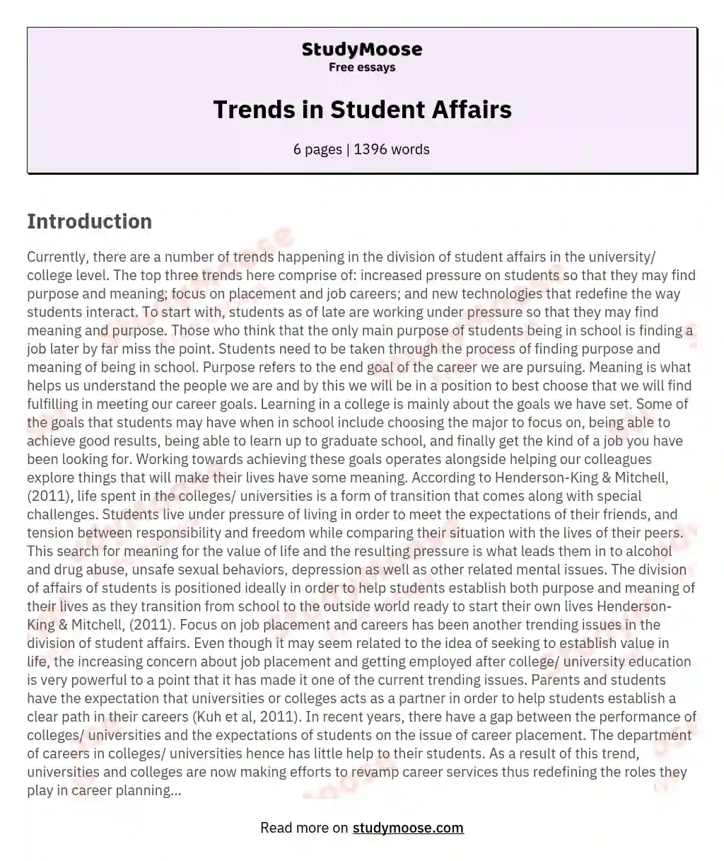 Trends in Student Affairs essay