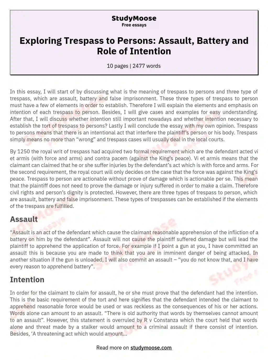 Exploring Trespass to Persons: Assault, Battery and Role of Intention essay