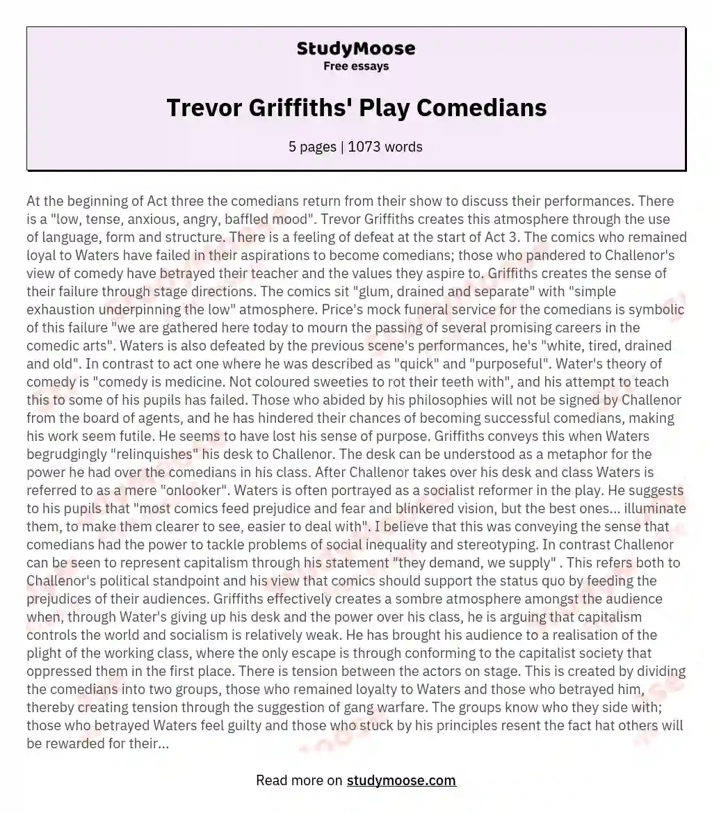 Trevor Griffiths' Play Comedians essay