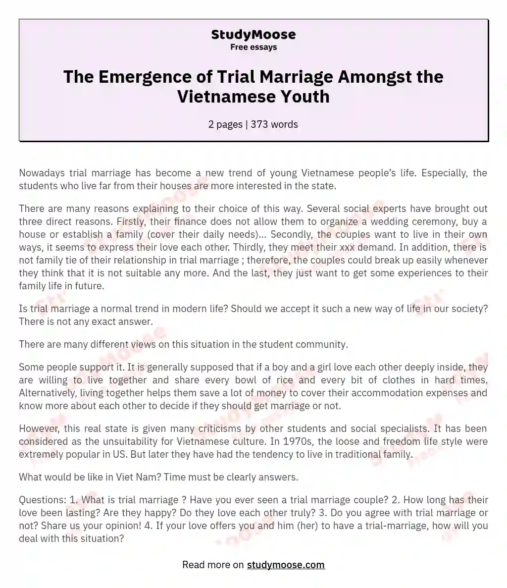 The Emergence of Trial Marriage Amongst the Vietnamese Youth essay