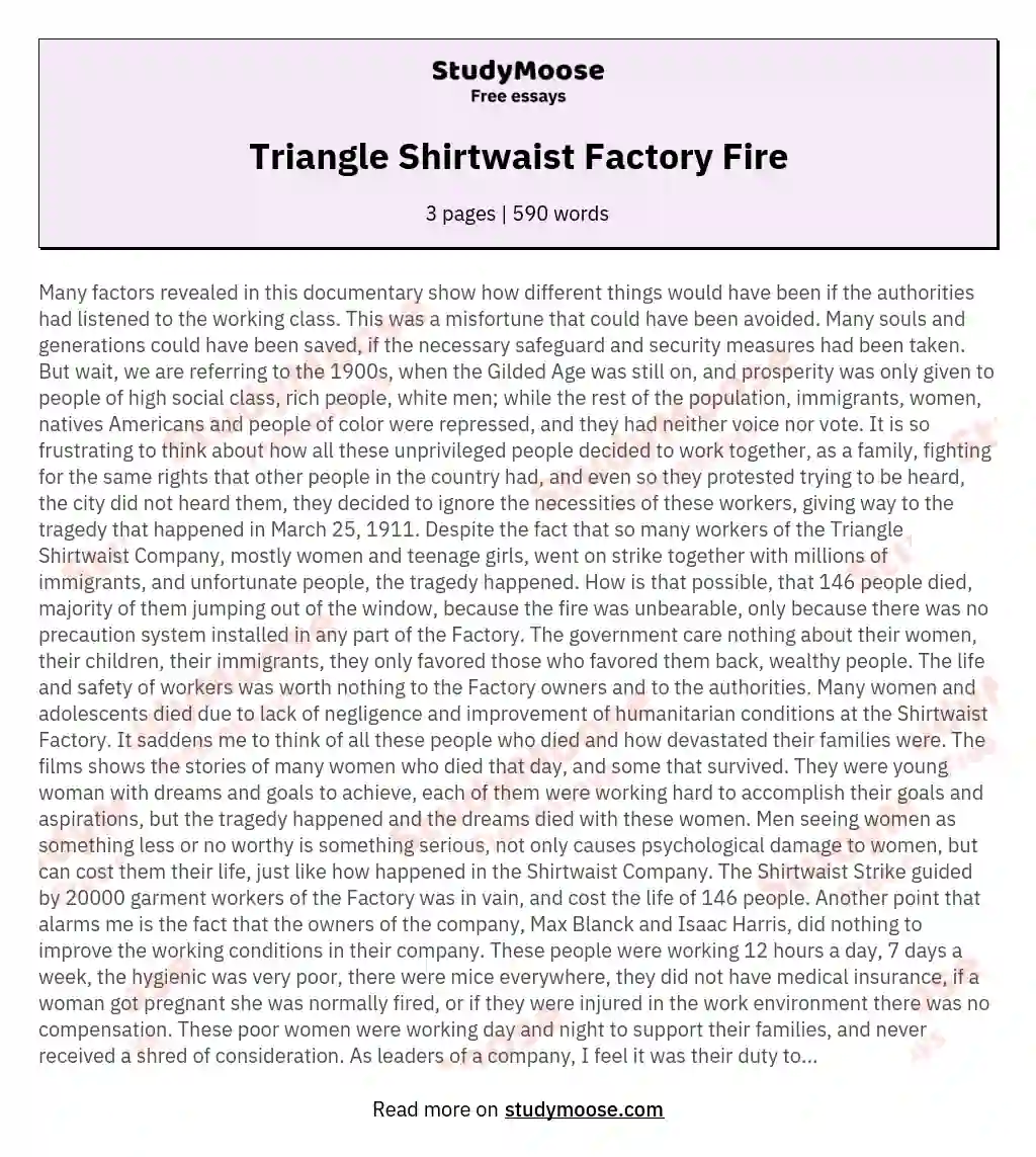 Triangle Shirtwaist Factory Fire essay