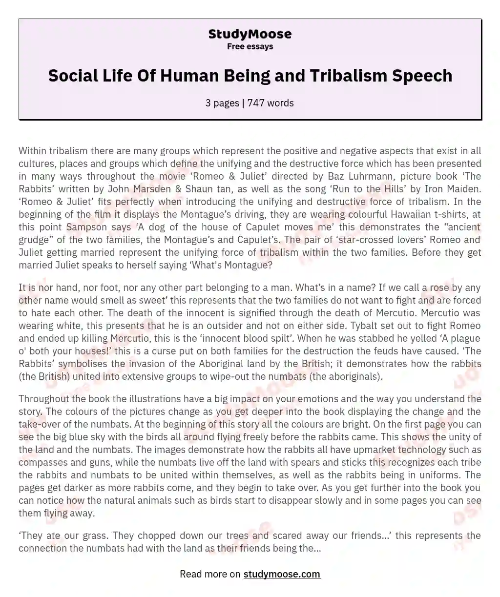 Social Life Of Human Being and Tribalism Speech essay