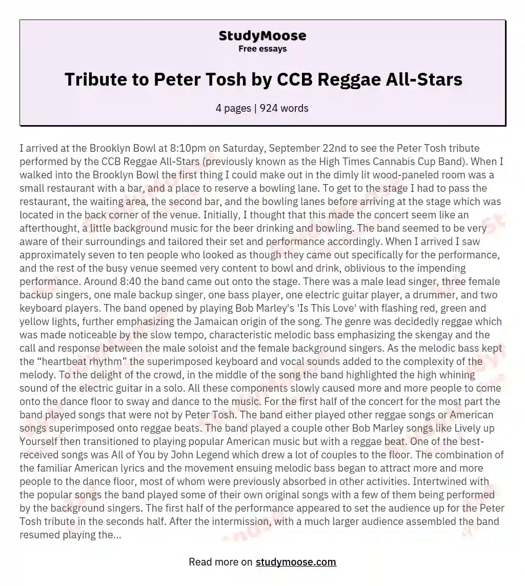 Tribute to Peter Tosh by CCB Reggae All-Stars essay