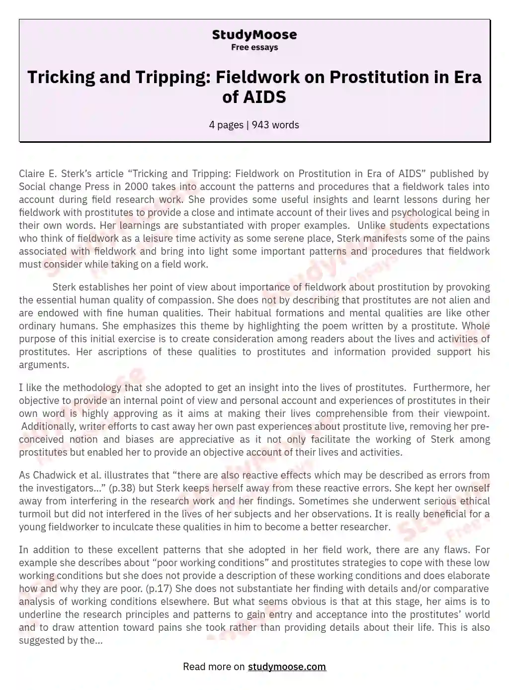 Tricking and Tripping: Fieldwork on Prostitution in Era of AIDS essay