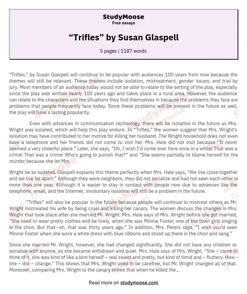 “Trifles” by Susan Glaspell essay