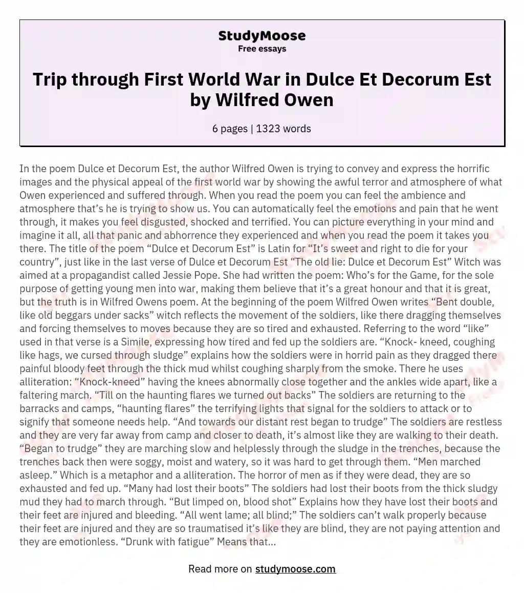 Trip through First World War in Dulce Et Decorum Est by Wilfred Owen essay