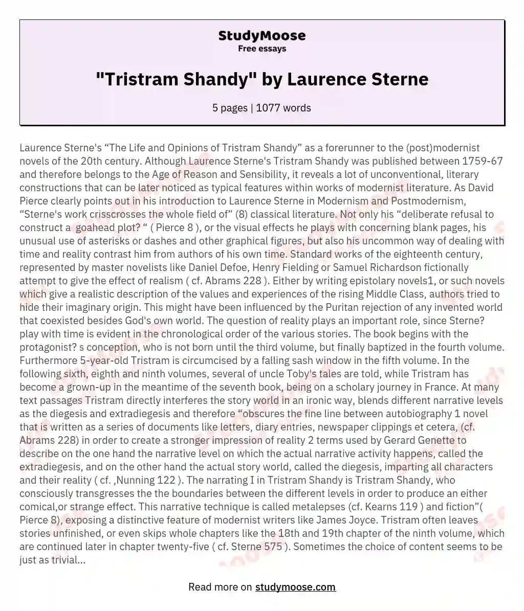 "Tristram Shandy" by Laurence Sterne essay