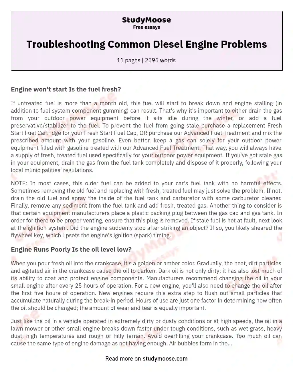 Troubleshooting Common Diesel Engine Problems essay