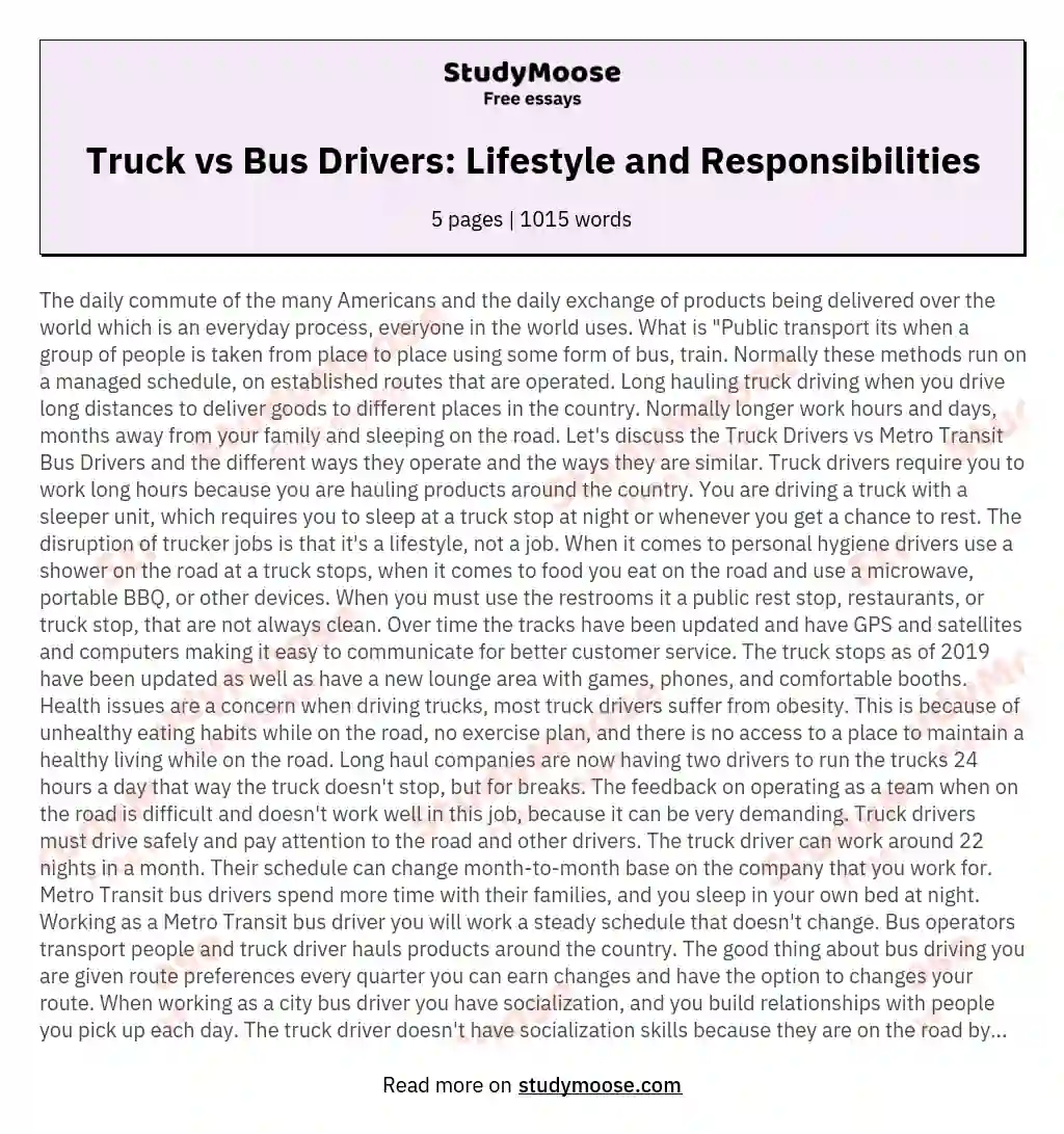 Truck vs Bus Drivers: Lifestyle and Responsibilities essay