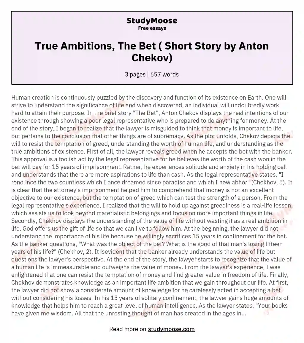 True Ambitions, The Bet ( Short Story by Anton Chekov)